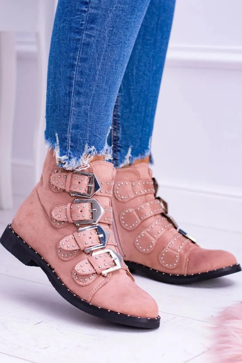 Lu Boo Różowe Botki Virginia Rock Star Nity Klamry Zamsz