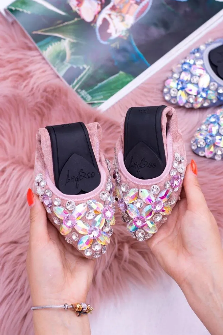 Lu Boo Różowe Zamszowe Balerinki na Gumce Kamienie Even