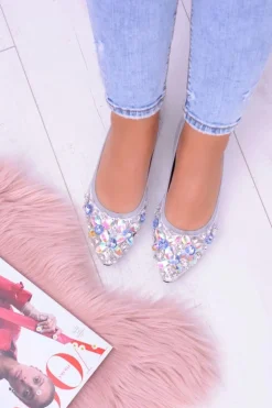 Lu Boo Srebrne Balerinki na Gumce Kamienie Even