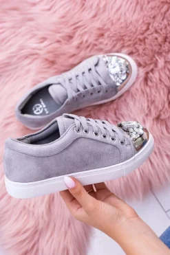 Lu Boo Szare Trampki z Błyszczącymi Kryształami