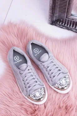 Lu Boo Szare Trampki z Błyszczącymi Kryształami