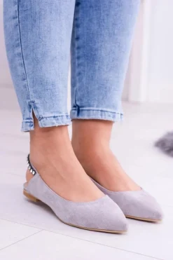 Lu Boo Szare Zamszowe Balerinki w Szpic Cyrkonie Macron