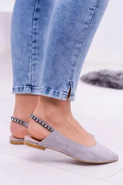 Lu Boo Szare Zamszowe Balerinki w Szpic Cyrkonie Macron