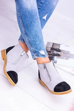 Lu Boo Szare Zamszowe Botki Z Suwakami Inez