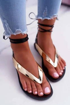 Lu Boo Wiązane Złote Lustrzane Sandały Japonki Florence