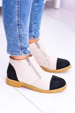 Lu Boo Zamszowe Beżowe Botki Z Suwakami Inez