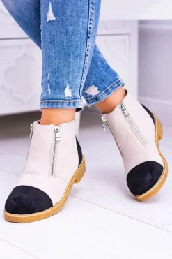 Lu Boo Zamszowe Beżowe Botki Z Suwakami Inez