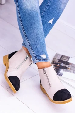 Lu Boo Zamszowe Beżowe Botki Z Suwakami Inez