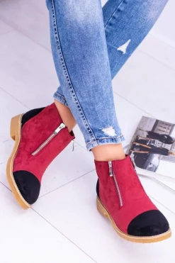 Lu Boo Zamszowe Bordowe Botki Z Suwakami Inez