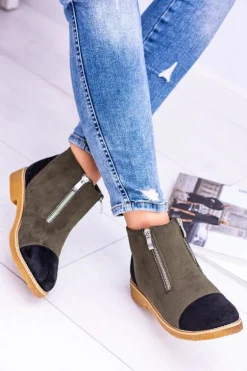 Lu Boo Zamszowe Oliwkowe Botki Z Suwakami Inez