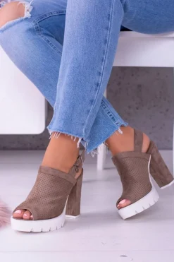 Lu Boo Zamszowe Sandały na Słupku Khaki Emare