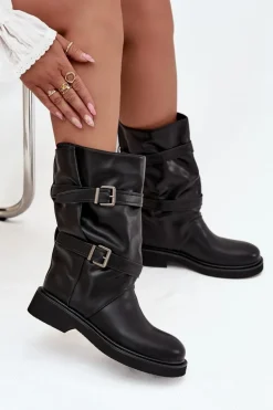 Marszczone Kozaki Damskie Do Połowy Łyski Z Paskami I Klamrami Czarne Halvessa