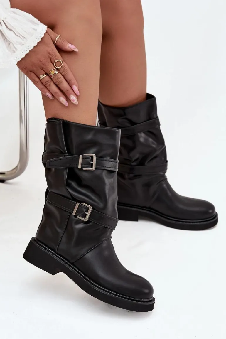 Marszczone Kozaki Damskie Do Połowy Łyski Z Paskami I Klamrami Czarne Halvessa