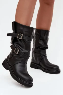 Marszczone Kozaki Damskie Do Połowy Łyski Z Paskami I Klamrami Czarne Halvessa