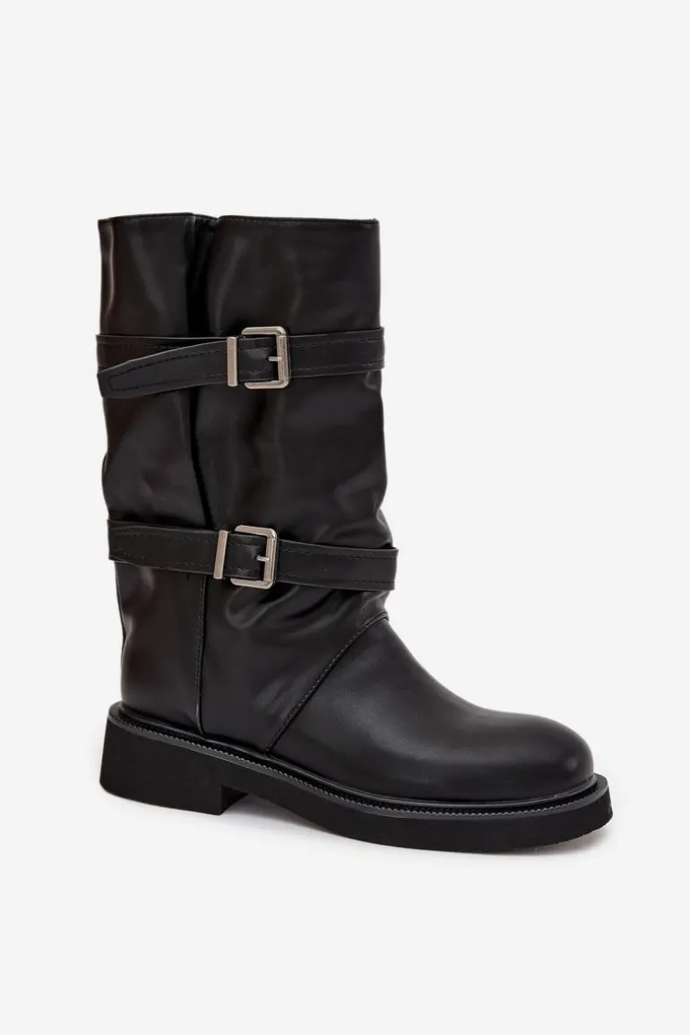 Marszczone Kozaki Damskie Do Połowy Łyski Z Paskami I Klamrami Czarne Halvessa