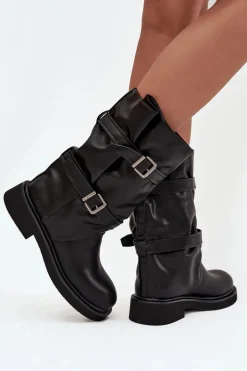 Marszczone Kozaki Damskie Do Połowy Łyski Z Paskami I Klamrami Czarne Halvessa