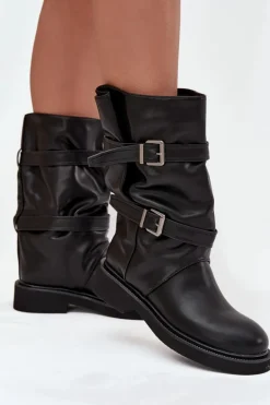 Marszczone Kozaki Damskie Do Połowy Łyski Z Paskami I Klamrami Czarne Halvessa