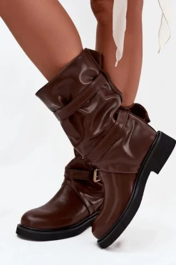 Marszczone Kozaki Damskie Do Połowy Łyski Z Paskami I Klamrami Brązowe Halvessa