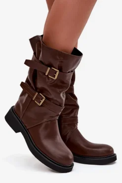 Marszczone Kozaki Damskie Do Połowy Łyski Z Paskami I Klamrami Brązowe Halvessa
