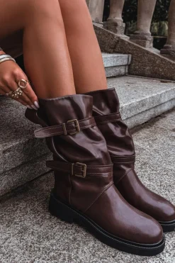 Marszczone Kozaki Damskie Do Połowy Łyski Z Paskami I Klamrami Brązowe Halvessa