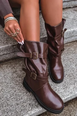 Marszczone Kozaki Damskie Do Połowy Łyski Z Paskami I Klamrami Brązowe Halvessa