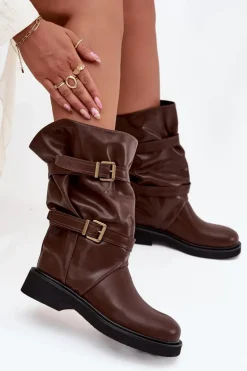 Marszczone Kozaki Damskie Do Połowy Łyski Z Paskami I Klamrami Brązowe Halvessa