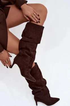 Marszczone Kozaki Na Szpilce Z Eko Zamszu Ocieplane Czekoladowe Mavella
