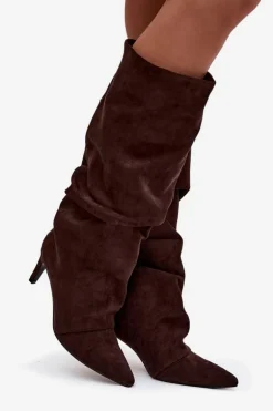 Marszczone Kozaki Na Szpilce Z Eko Zamszu Ocieplane Czekoladowe Mavella
