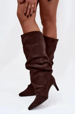 Marszczone Kozaki Na Szpilce Z Eko Zamszu Ocieplane Czekoladowe Mavella