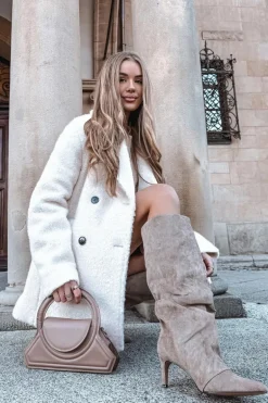 Marszczone Kozaki Na Szpilce Z Eko Zamszu Ocieplane Beżowe Mavella