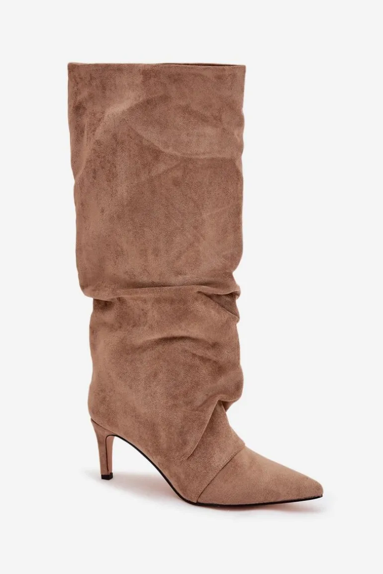 Marszczone Kozaki Na Szpilce Z Eko Zamszu Ocieplane Beżowe Mavella