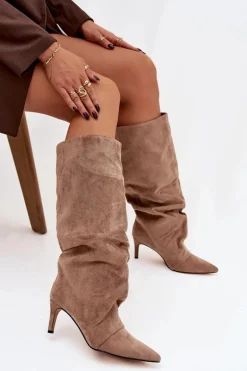 Marszczone Kozaki Na Szpilce Z Eko Zamszu Ocieplane Beżowe Mavella