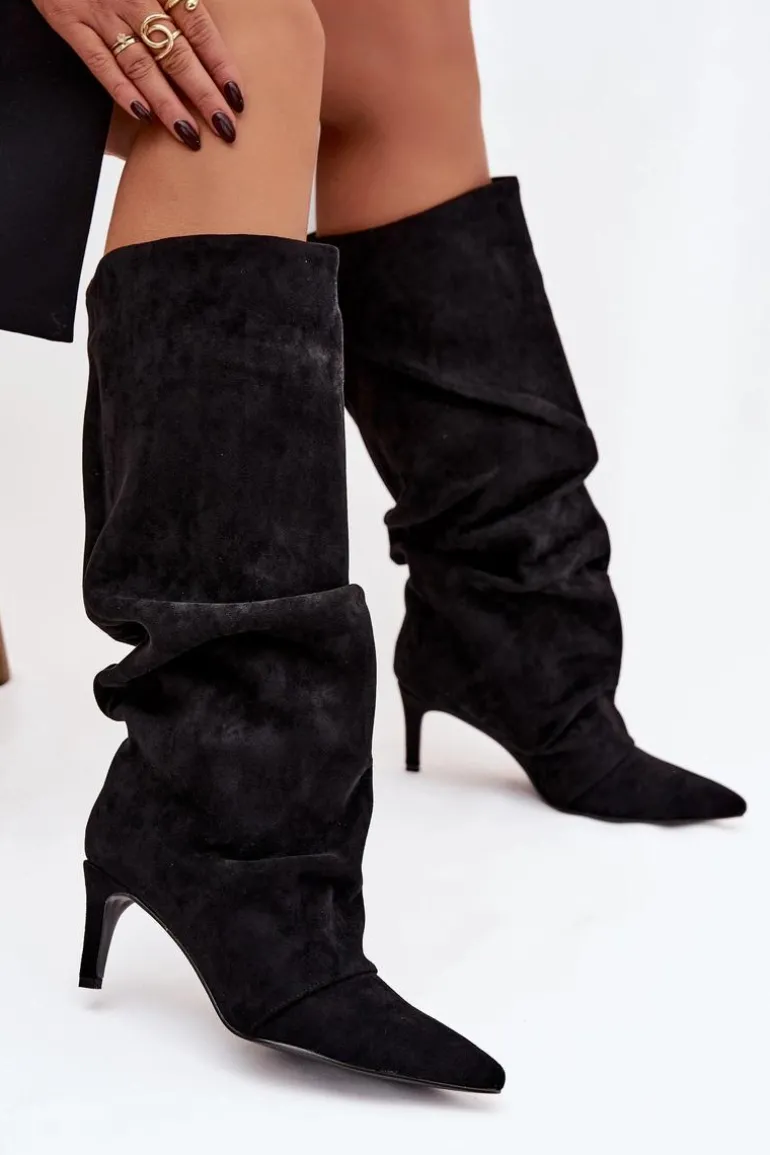 Marszczone Kozaki Na Szpilce Z Eko Zamszu Ocieplane Czarne Mavella