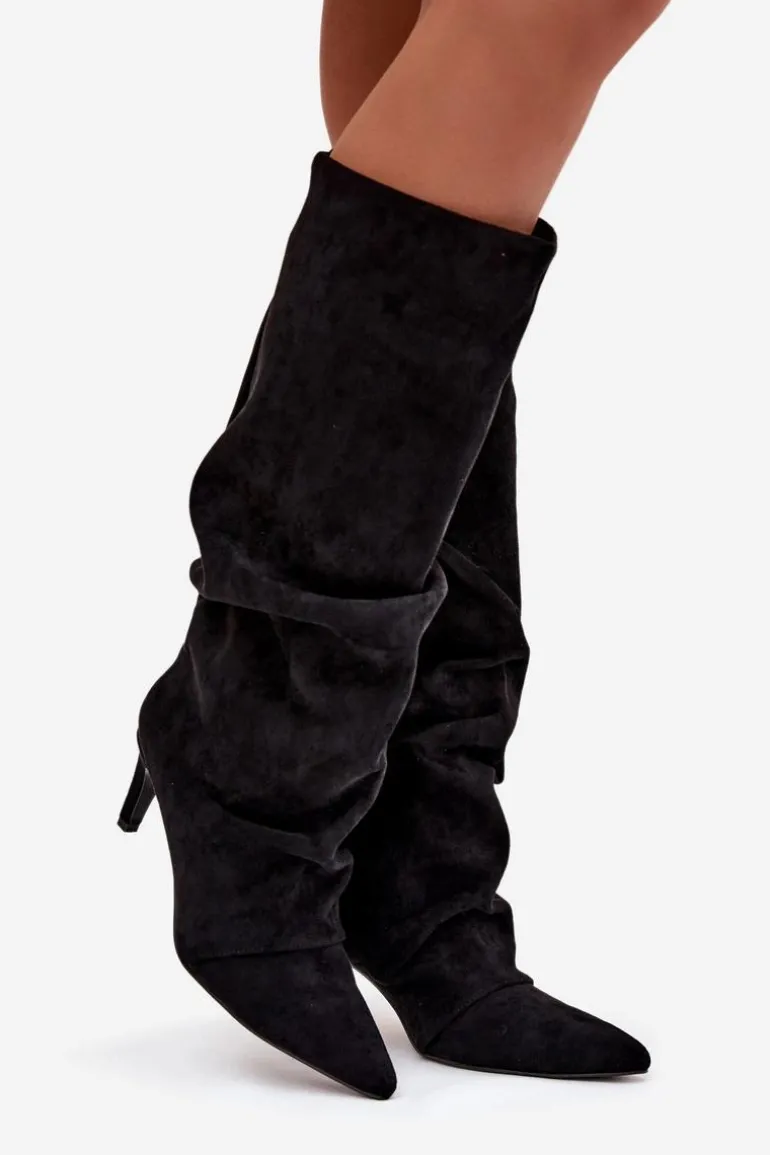 Marszczone Kozaki Na Szpilce Z Eko Zamszu Ocieplane Czarne Mavella