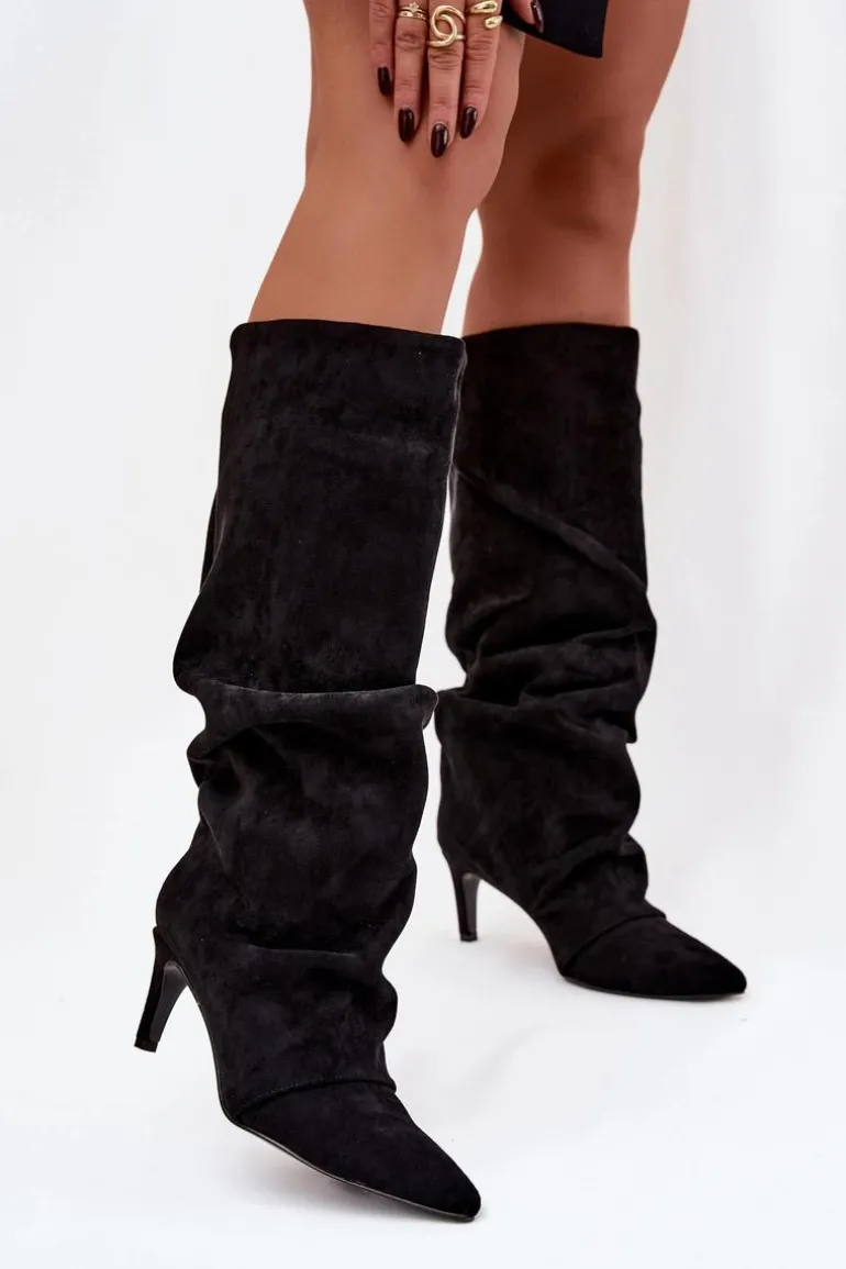 Marszczone Kozaki Na Szpilce Z Eko Zamszu Ocieplane Czarne Mavella