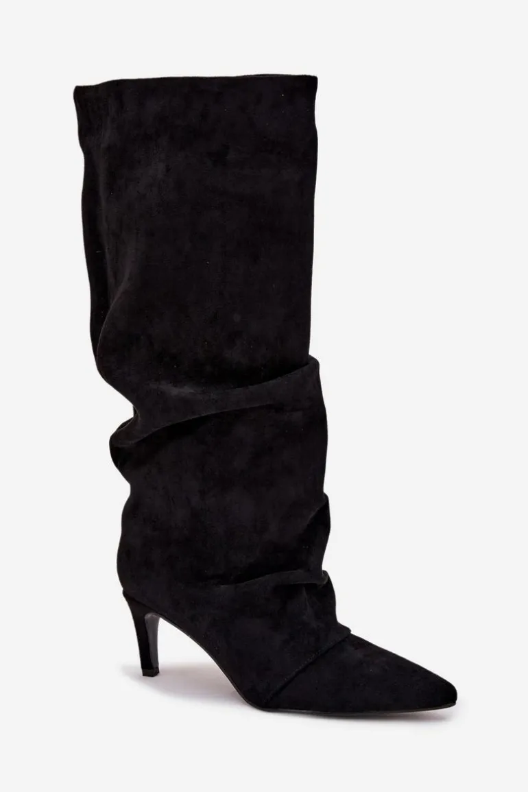 Marszczone Kozaki Na Szpilce Z Eko Zamszu Ocieplane Czarne Mavella