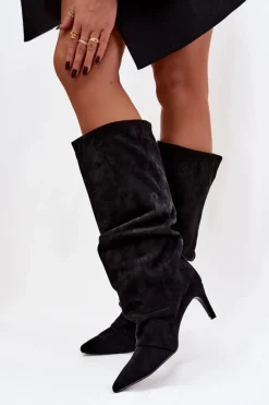 Marszczone Kozaki Na Szpilce Z Eko Zamszu Ocieplane Czarne Mavella