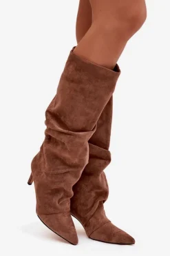 Marszczone Kozaki Na Szpilce Z Eko Zamszu Ocieplane Ciemnobeżowe Mavella