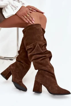 Marszczone Kozaki Z Naturalnego Zamszu Na Słupku Ocieplane Zazoo 4228 Brązowe