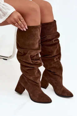 Marszczone Kozaki Z Naturalnego Zamszu Na Słupku Ocieplane Zazoo 4228 Brązowe