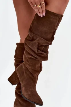 Marszczone Kozaki Z Naturalnego Zamszu Na Słupku Ocieplane Zazoo 4228 Brązowe