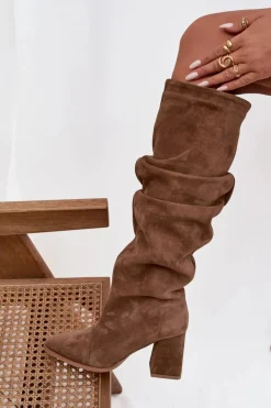 Marszczone Kozaki Z Naturalnego Zamszu Na Słupku Ocieplane Zazoo 4228 Jasnobrązowe