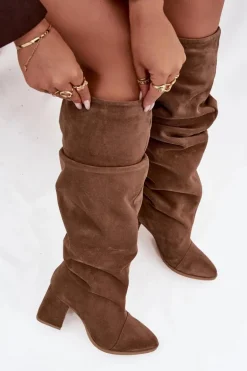 Marszczone Kozaki Z Naturalnego Zamszu Na Słupku Ocieplane Zazoo 4228 Jasnobrązowe