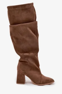 Marszczone Kozaki Z Naturalnego Zamszu Na Słupku Ocieplane Zazoo 4228 Jasnobrązowe