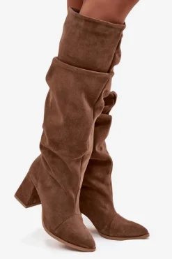 Marszczone Kozaki Z Naturalnego Zamszu Na Słupku Ocieplane Zazoo 4228 Jasnobrązowe