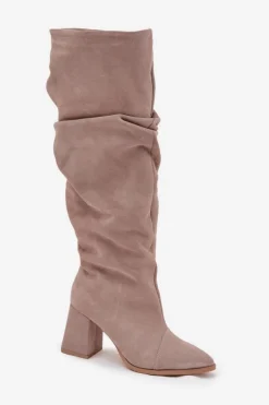 Marszczone Kozaki Z Naturalnego Zamszu Na Słupku Ocieplane Zazoo 4228 Beżowe