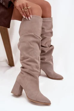 Marszczone Kozaki Z Naturalnego Zamszu Na Słupku Ocieplane Zazoo 4228 Beżowe