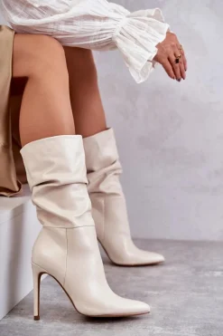 Marszczone Skórzane Kozaki Na Szpilce Jasnobeżowe Caren