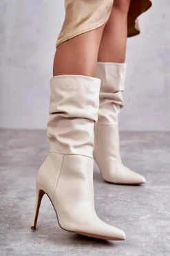 Marszczone Skórzane Kozaki Na Szpilce Jasnobeżowe Caren