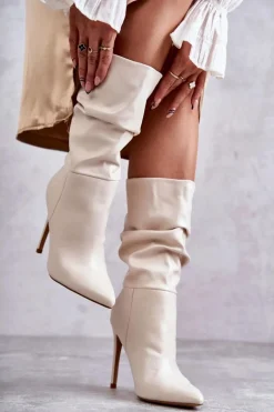 Marszczone Skórzane Kozaki Na Szpilce Jasnobeżowe Caren